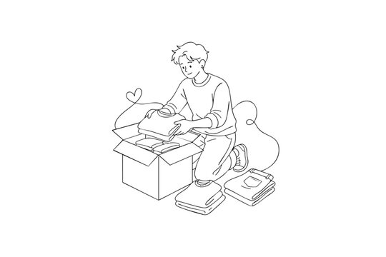 Person sorting folded clothes for donation line illustration