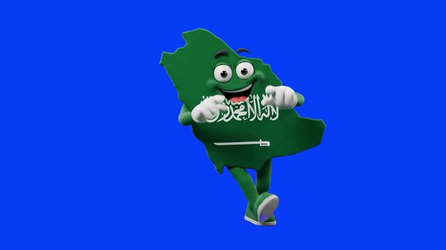 A happy 3D cartoon mascot shaped like the map of Saudi Arabia in national green with the Shahada and sword symbol, dancing against a solid blue background. Great for Middle East travel promotions, edu