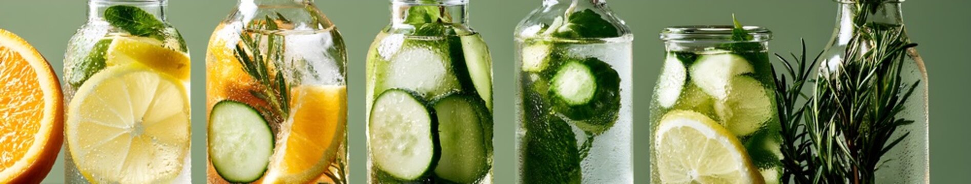 Refreshing Drink Glass bottles of citrus, cucumber and herb infused water with condensation on green background