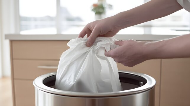 Hands placing a tied garbage bag into stainless steel trash bin.