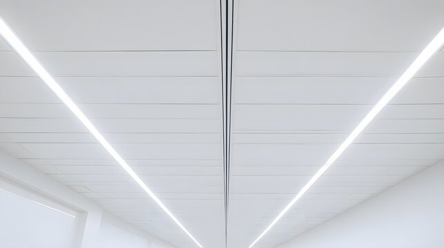 Modern white ceiling with linear LED lighting in minimalist interior.