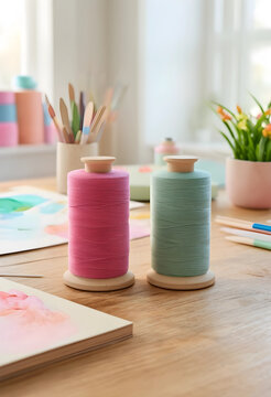 Pink and green thread spools on a wooden table with art supplies and watercolor paintings in a bright room