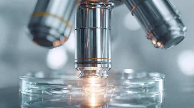 Microscope lens over petri dish in a sterile laboratory