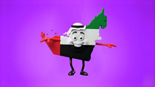 A detailed 3D model of the United Arab Emirates map shape as a happy animated character with the UAE flag pattern and wearing a traditional keffiyeh, set against a solid purple studio backdrop. Design