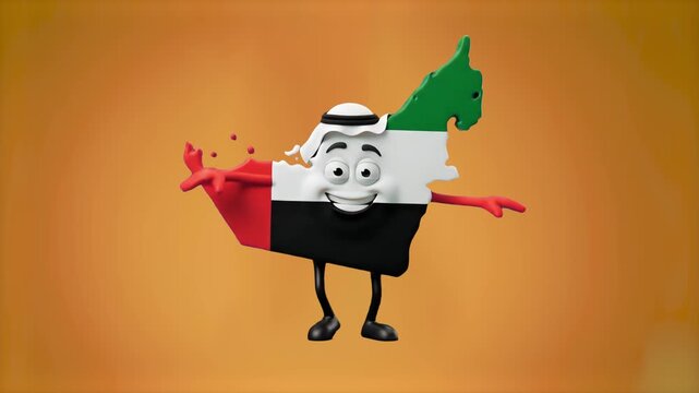A detailed 3D model of the United Arab Emirates map shape as a happy animated character with the UAE flag pattern and wearing a traditional keffiyeh, isolated against a solid orange studio backdrop. I