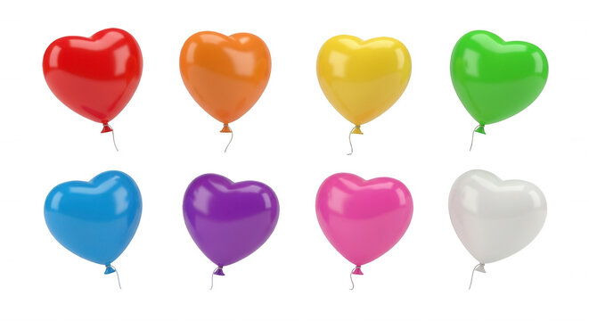 colorful heart shaped balloons floating in a studio setting with a clean white background celebratory uses