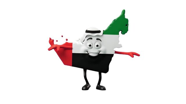 A friendly 3D United Arab Emirates map character wearing traditional headwear, dancing cheerfully against a clean white background. Perfect for geography presentations, travel marketing, and education