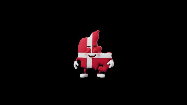 A cheerful 3D mascot character in the shape of the Denmark map featuring the national flag design performs a fun dance routine isolated against a dark black backdrop. Designed for geography tutorials,