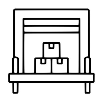 Minimalist hand-drawn vector icon illustration of a loading dock warehouse with stacked cardboard boxes and packages on a delivery truck platform, monochrome line art style