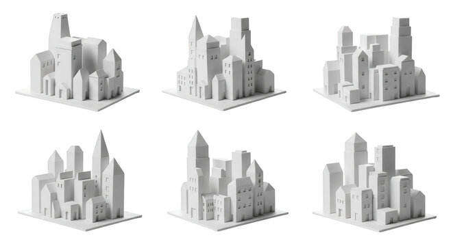 miniature architectural models of a city displayed on white platforms in front of a white backdrop for concept and design purposes