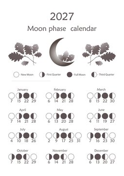 2027 Moon Phase Calendar with Crescent Moon and Oak Leaves