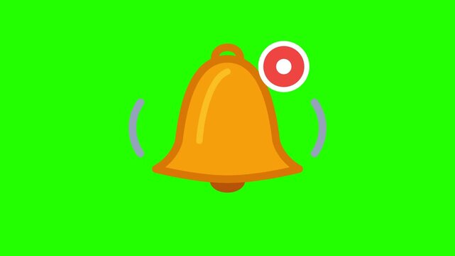 Animated golden notification bell ringing with red alert icon isolated on green screen background