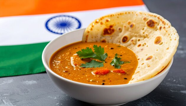 Bowl of Hot Indian Sambar Curry Served with Fresh Dosa Bread Featuring the National Flag of India in a Traditional Culinary Background