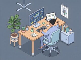 Fototapeta premium Woman analyzing financial data dashboard on multiple screens in isometric home office workspace setup