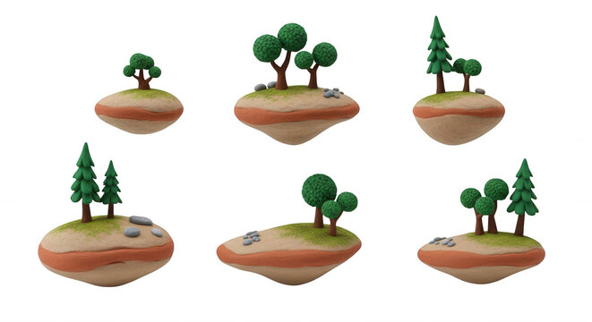 cartoon style floating islands with trees and rocks on white background game assets or animation