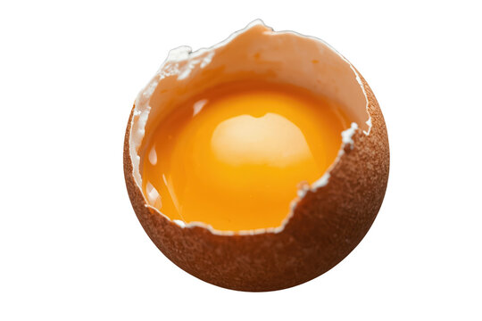 Open brown eggshell containing bright yellow yolk