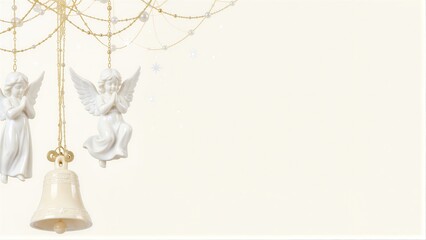 Obraz premium White angel figurines and bell hang gracefully against a soft, starry background.