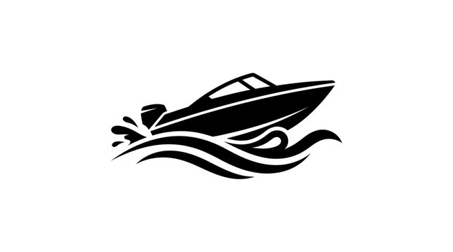 A sleek motorboat speeding through choppy water, leaving a trail of spray. The illustration features a black silhouette of the boat and waves against a white background