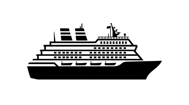 A black and white illustration of a cruise ship with multiple decks and smokestacks