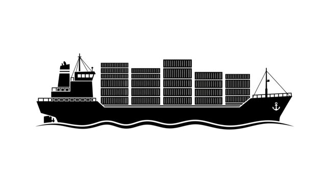 Black silhouette of a cargo ship sailing on waves, loaded with containers