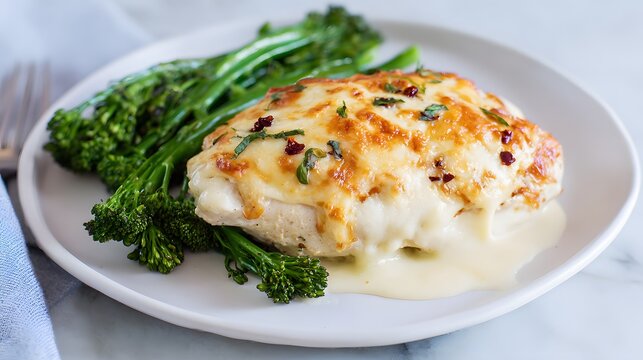 Creamy baked chicken breast with broccolini on white plate.
