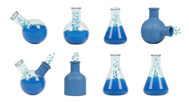 blue liquid reacting and bubbling inside various glass beakers on a white background science experiments or lab concepts
