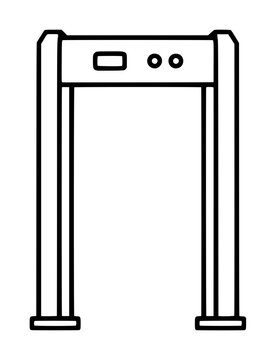 Hand-traced vector icon illustration of an airport security walk-through metal detector arch with signal indicator panel, outlined in minimalist black line art style for security and travel concepts
