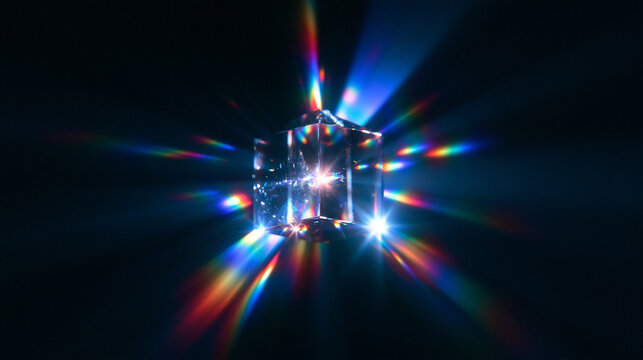 Crystal Cube Refracting Light Into Rainbow Spectrum