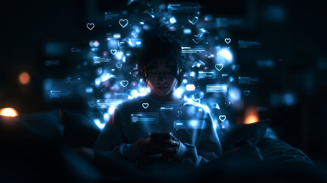 Person Using Smartphone with Digital Network Connection Icons