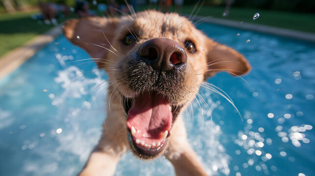 Happy Dog Swimming in Pool Close-up