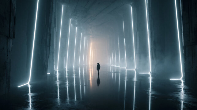 Silhouette Figure Walking Through Futuristic Neon Corridor