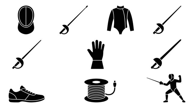 Fencing equipment and athlete silhouette icon set.