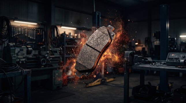 Brandless automotive brake pad floating with brake dust on dark industrial background, realistic vehicle maintenance, repair, braking system and safety concept