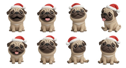 Obraz premium adorable pugs wearing santa hats sitting on a plain white background christmas cards and seasonal decorations