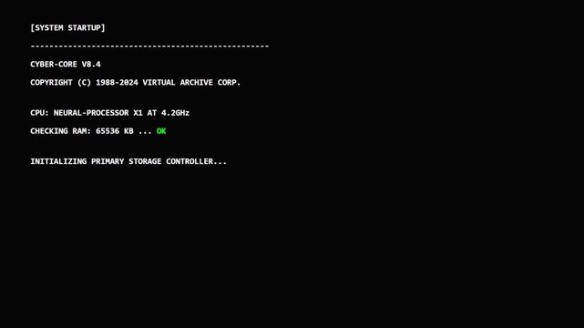 Retro Futuristic Computer System Startup Boot Sequence with BIOS Text and Hardware Initialization