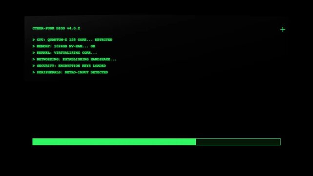 Cyberpunk BIOS Boot Sequence Interface with Green Retro Terminal Text and Loading Progress Bar Animation