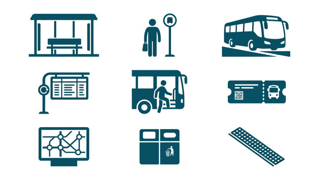 Public bus transport and station icon collection.