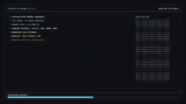 Futuristic Computer Kernel Boot Sequence Interface with Scrolling Text and Hexadecimal Memory Dump