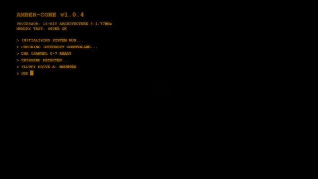Retro Amber Terminal Computer System Boot Sequence Animation with Command Line Text on Black Screen