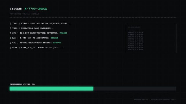 Futuristic Retro Computer OS Boot Up Screen with Kernel Initialization and Loading Progress Bar