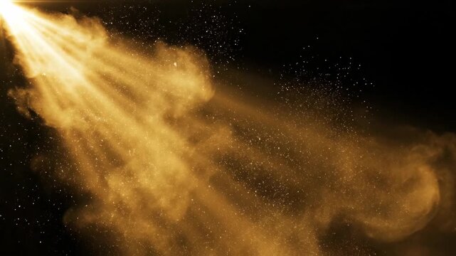 Golden Rays Moving over Floating Dust Particles on Black Background
