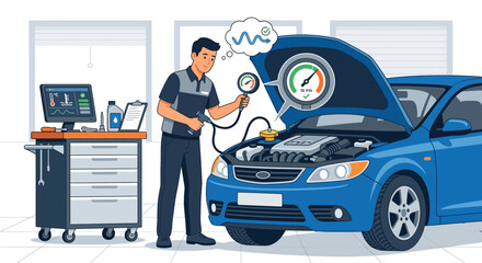 Naklejka premium Automotive Technician Inspecting Car Cooling System Pressure in Garage