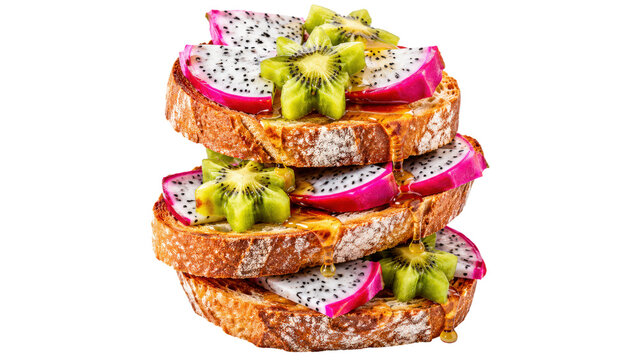 Toasted Bread Stack with Dragon Fruit and Kiwi on Transparent Background