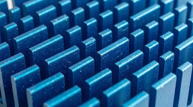 Close-up macro view of blue aluminum heat sink fins for electronic cooling. Industrial technology background texture.