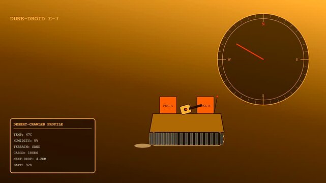 Delivery droids moving across a desert landscape while displaying navigation status screens with compass data and package tracking information shown in a multi panel animation sequence