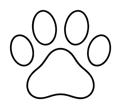 Hand-drawn paw print vector icon, minimalist black outline illustration of an animal paw with four oval toe pads above a large central pad, simple sketch style for pet, wildlife, and nature design