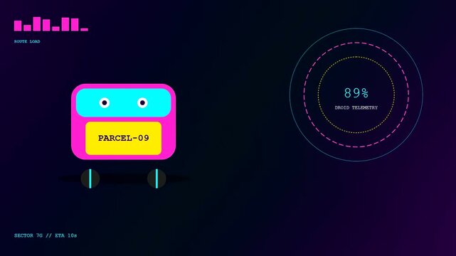 Delivery droids navigate an abstract digital interface as tracking data updates and progress percentages fluctuate across a vibrant purple and dark blue ambient display screen