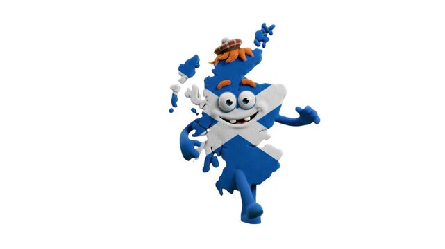 A lively 3D animated character shaped like the map of Scotland, wearing a traditional tam o' shanter beret and textured with the blue and white St Andrew's Cross Saltire flag, dancing joyfully on a wh