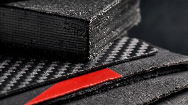 Stacked carbon fiber sheets with red adhesive strip for industrial manufacturing Black Friday sale
