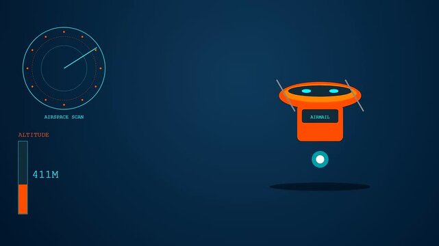 Orange automated delivery droids descend through the air while monitoring altitude levels and scanning surroundings on a dark navy blue digital interface screen during flight